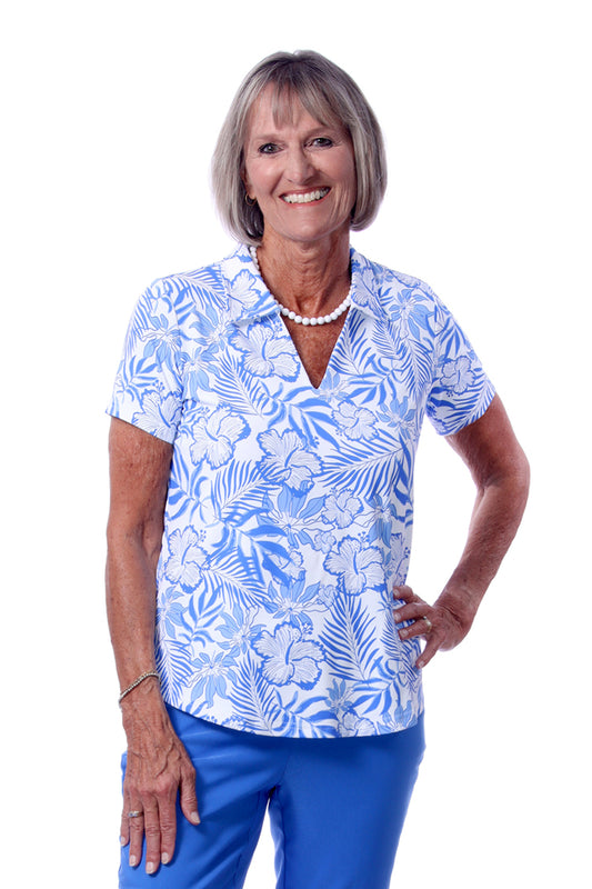 001- LuLu B Blue and White Tropical Print Golf Top