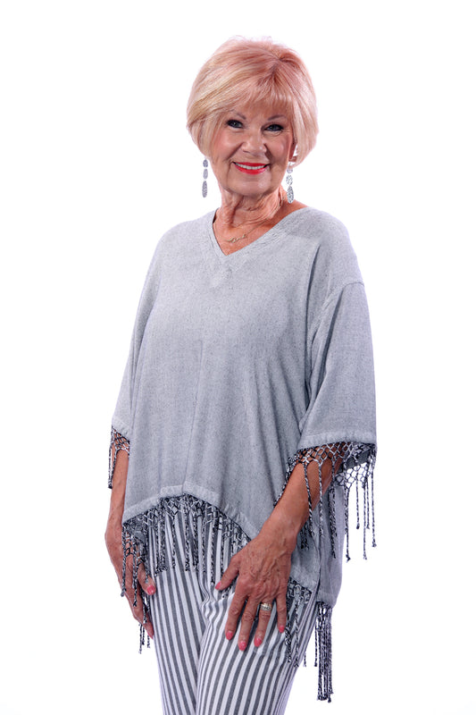 015- Dairi Silver Natural V- Neck Fringe Top