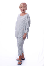 015- Dairi Silver Natural 1/4 INCH Stripe 2 Pocket Cut Hem Capri