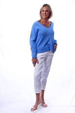 001- LuLu B White Denim Crystal Detail Embroidered Capri