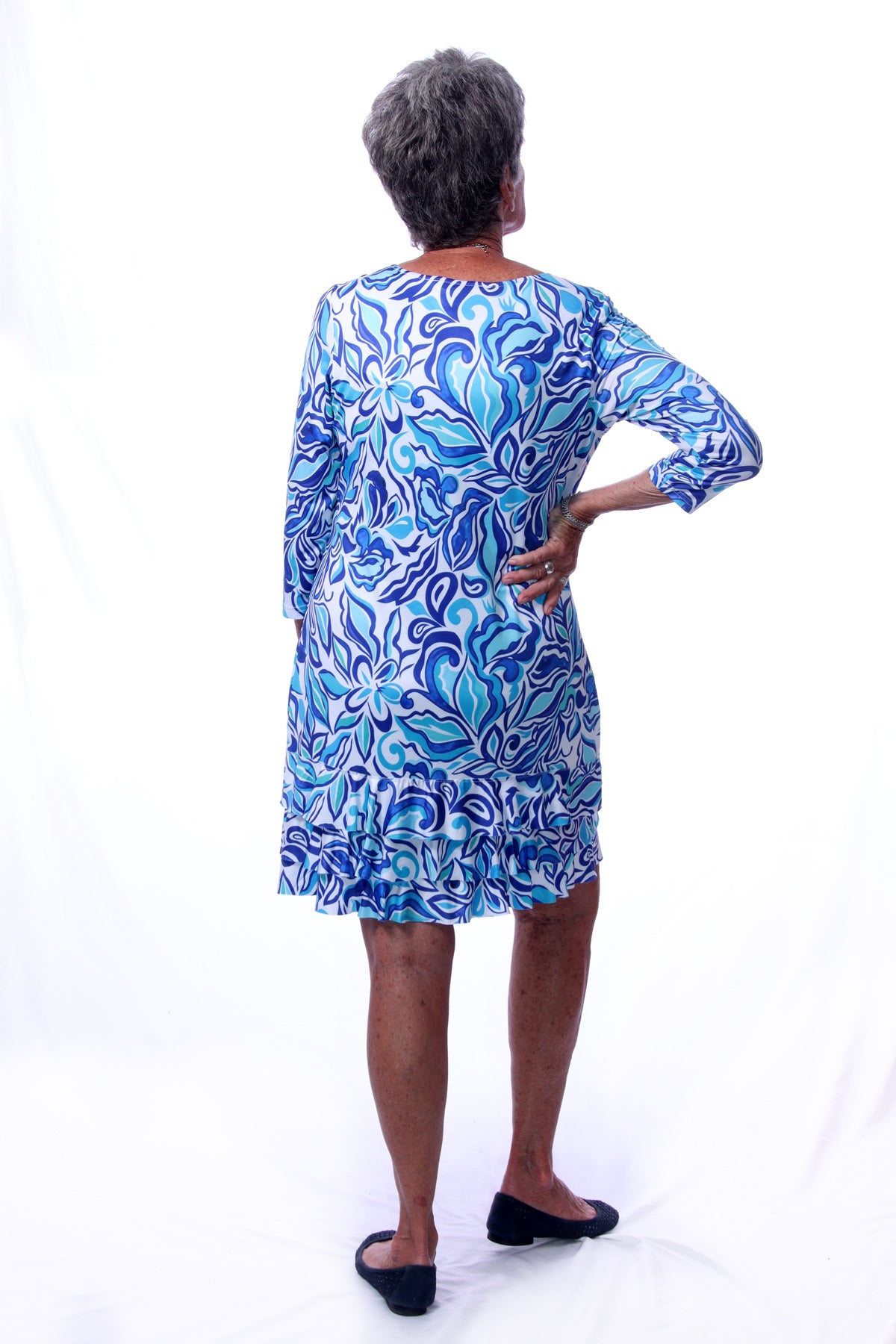 041- Tango Mango Shades of Blue Ruffle Bottom 3/4 Sleeve Dress