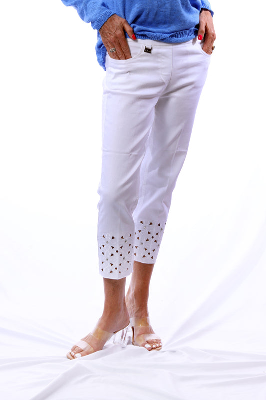 001- LuLu B White Denim Crystal Detail Embroidered Capri