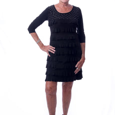041- Tango Mango Gem Detail 3/4 Sleeve Black Ruffle Dress