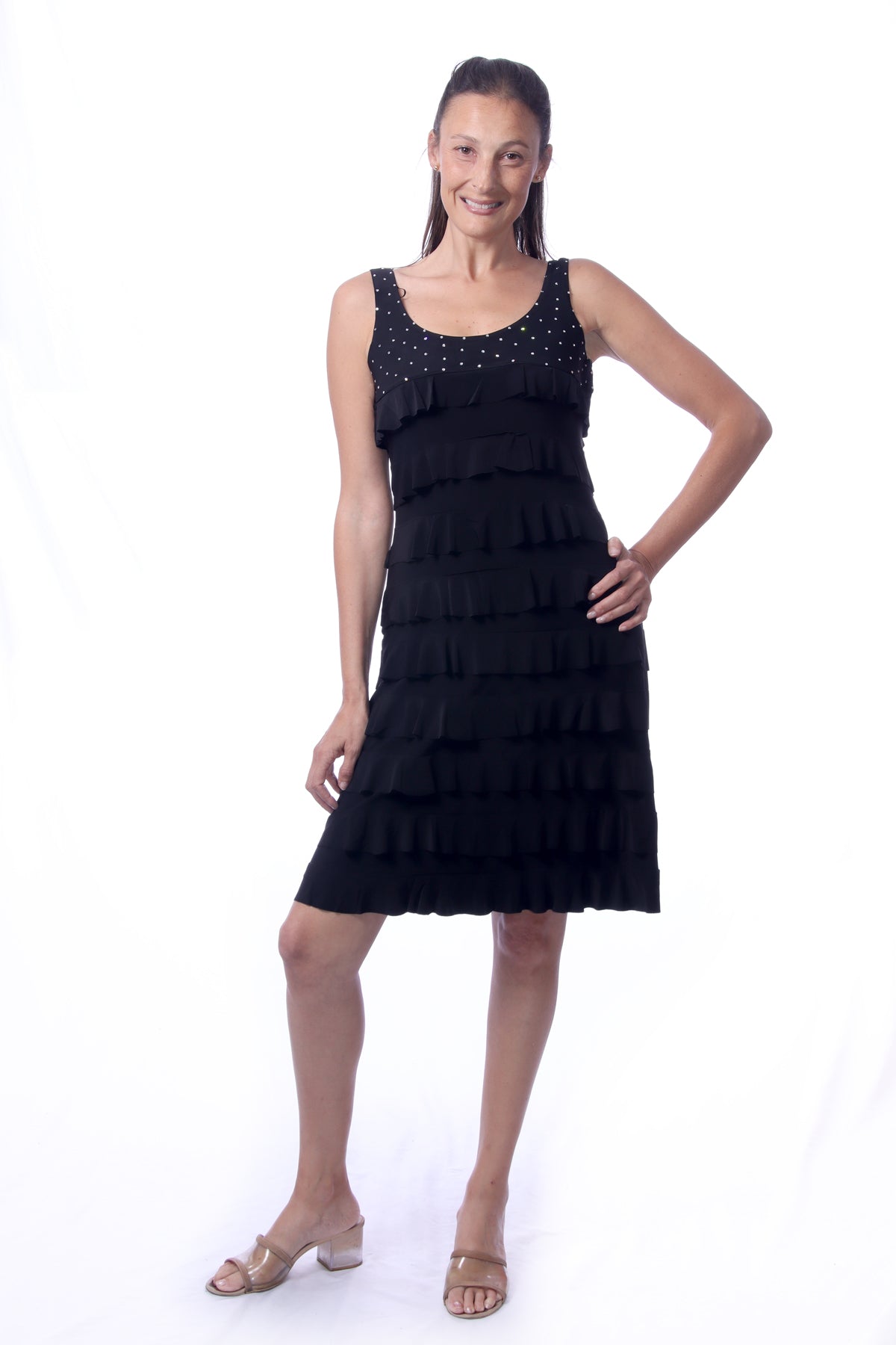 041- Tango Mango Black Embellished Sleeveless Ruffle Dress