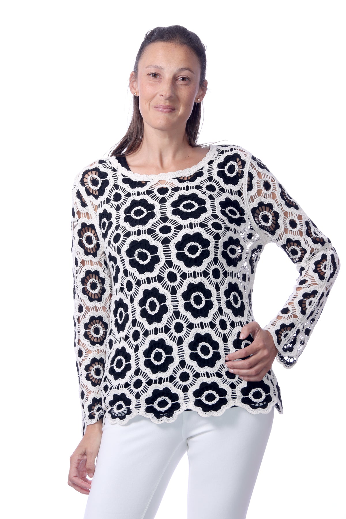 054- Keren Hart Black and Ivory Crochet Sweater