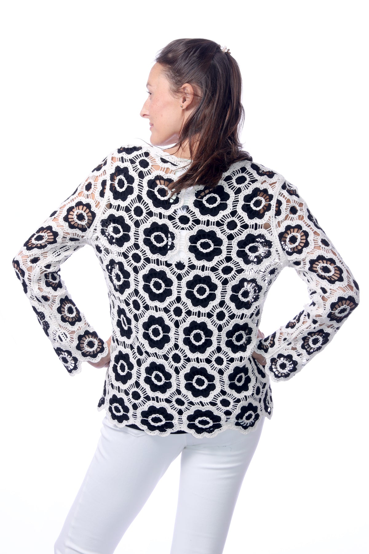 054- Keren Hart Black and Ivory Crochet Sweater