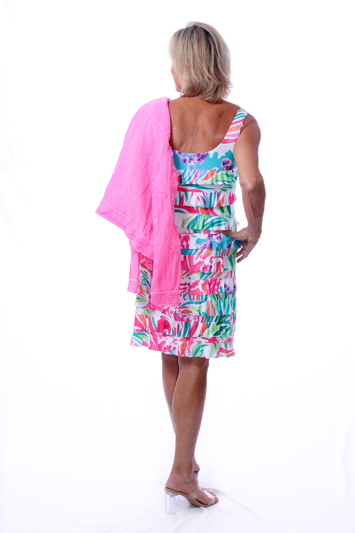 041- Tango Mango Pink and Green Print Sleeveless Ruffle Dress