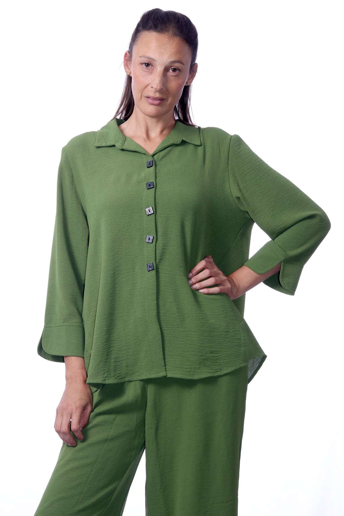 007- Creations Hi-Lo Back Pleat Top- Olive