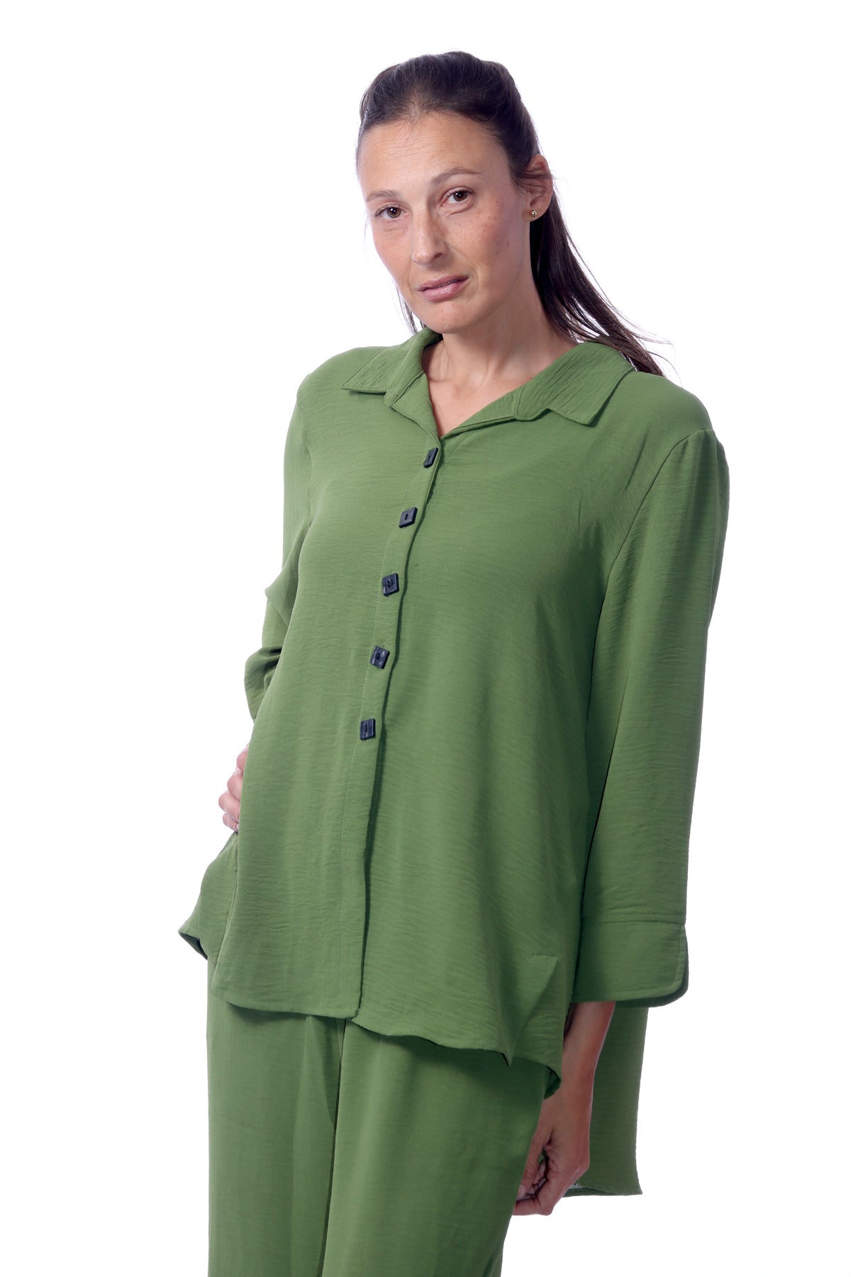 007- Creations Hi-Lo Back Pleat Top- Olive