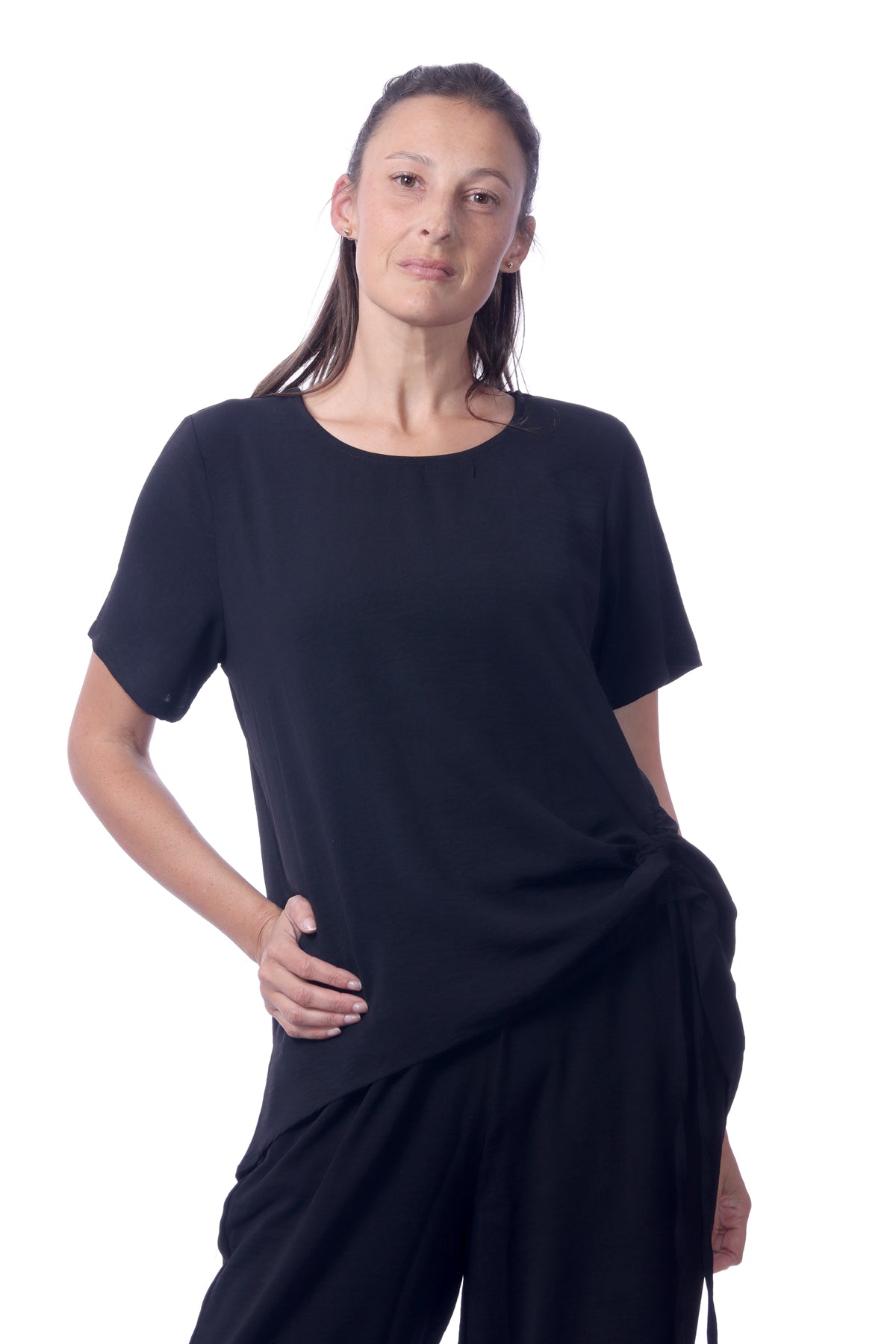 007- Creations Short Sleeve Side Drawstring Top - Black