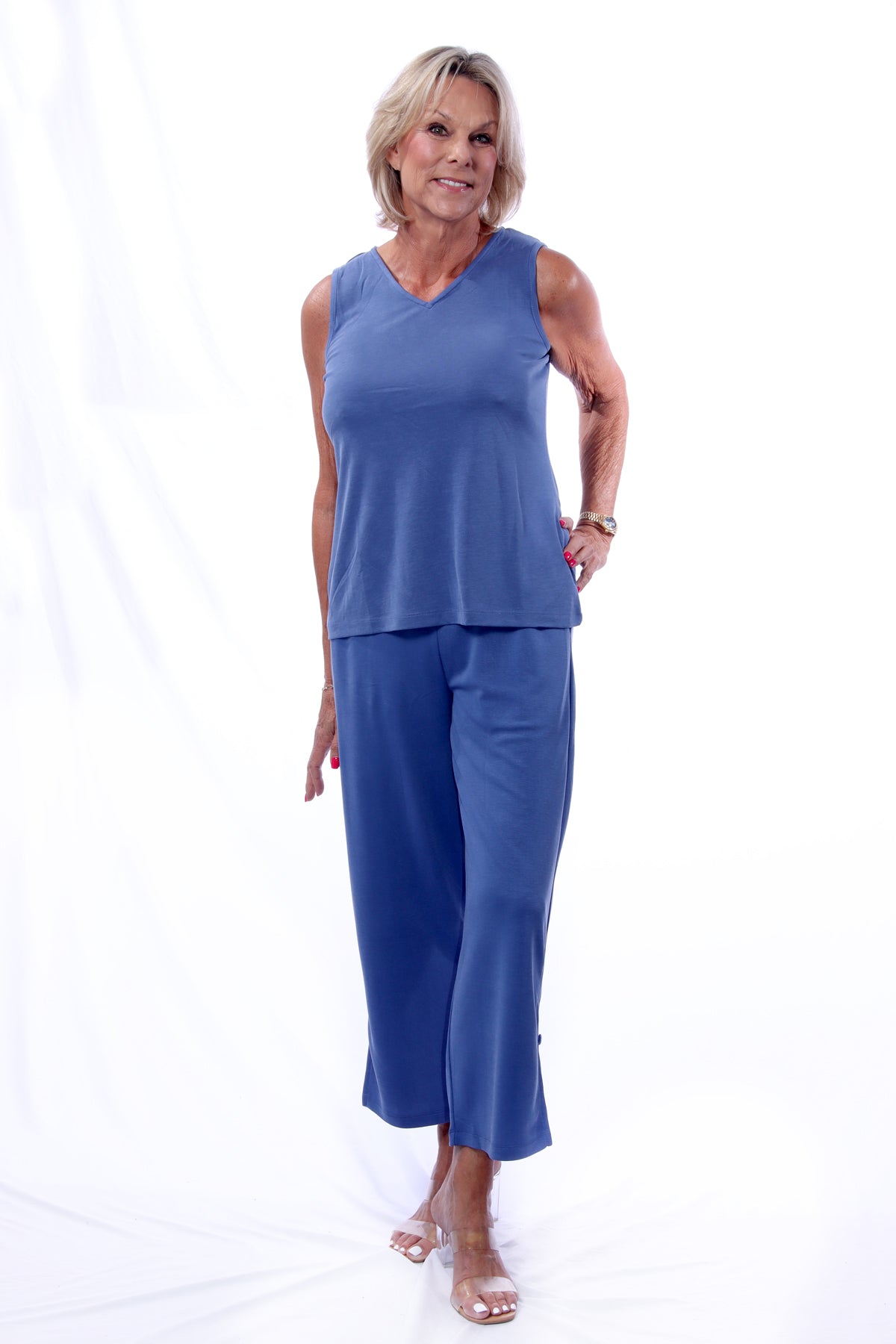 024- Shennel Trading Denim Blue "V" Neck Tank Pant Set