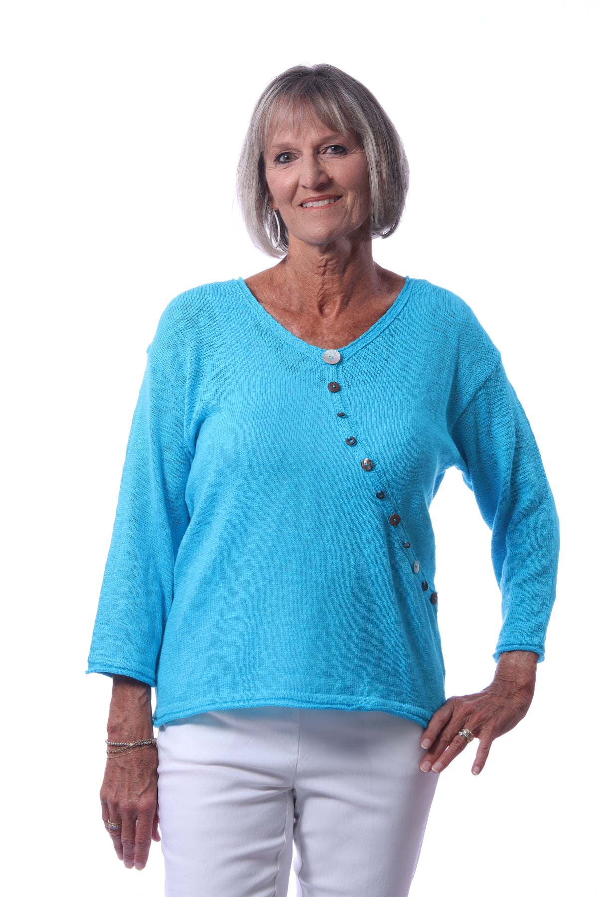 001- LuLu B Diagonal Button Sweater - Turquoise