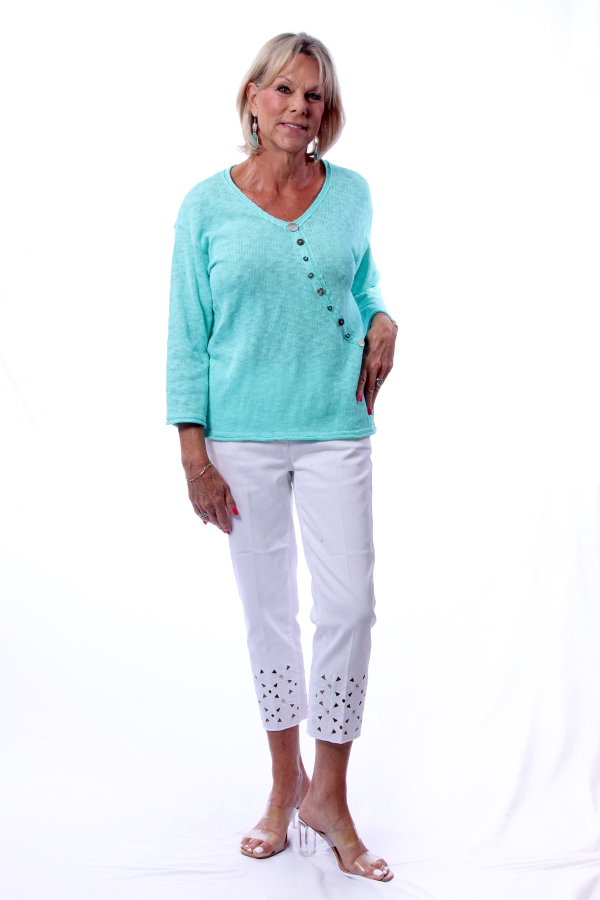 001- LuLu B Diagonal Button Sweater - Seafoam