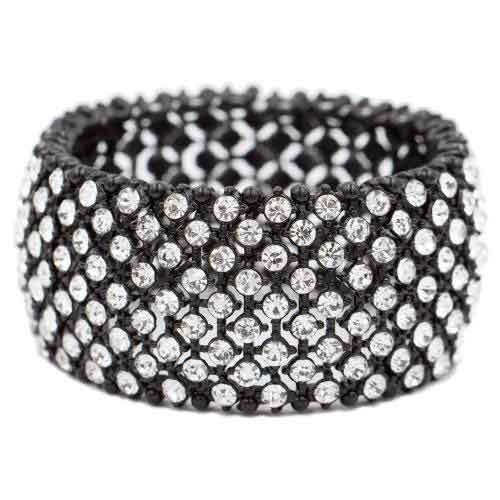 B-111  Black with Clear Crystals Wide Stretch Bracelet