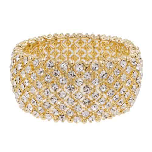 B-110  Gold Wide Crystal Stretch Bangle