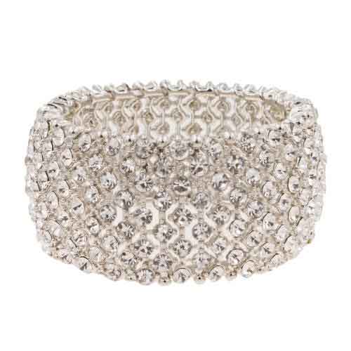 B-109   Wide Crystal Stretch Cuff in Silver
