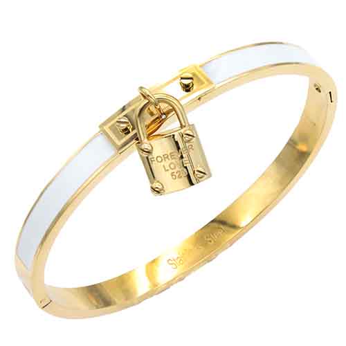 B-102  White Enamel Bracelet with Gold Lock