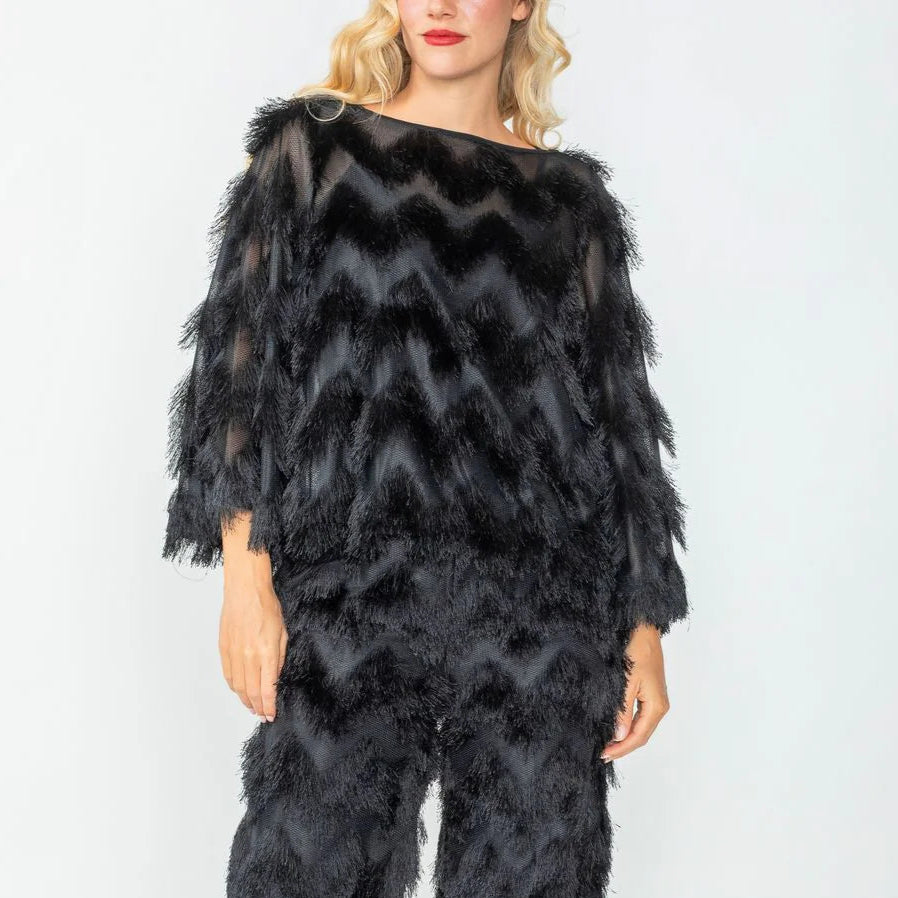 053- IC Collection Black Fuzzy Bell Sleeve Top