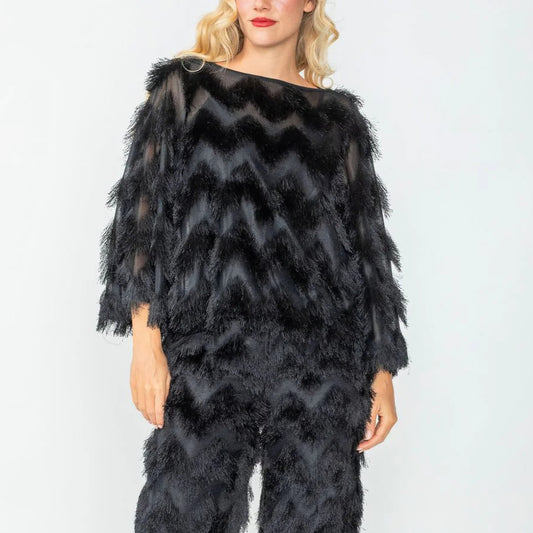053- IC Collection Black Fuzzy Bell Sleeve Top