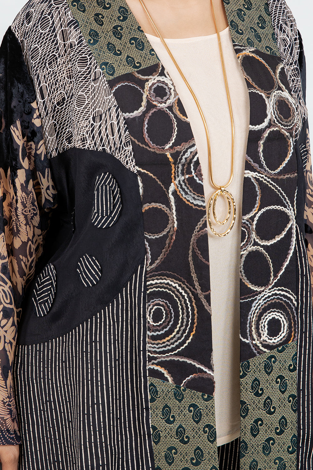 034- Sterling Styles Black and Beige Vintage Patchwork Kimono