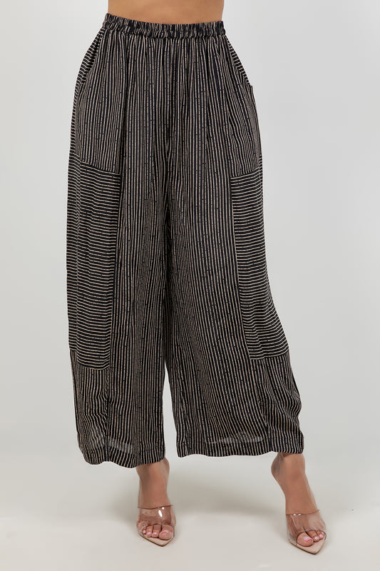 034- Sterling Styles Black and Beige Stripe Boho Pant
