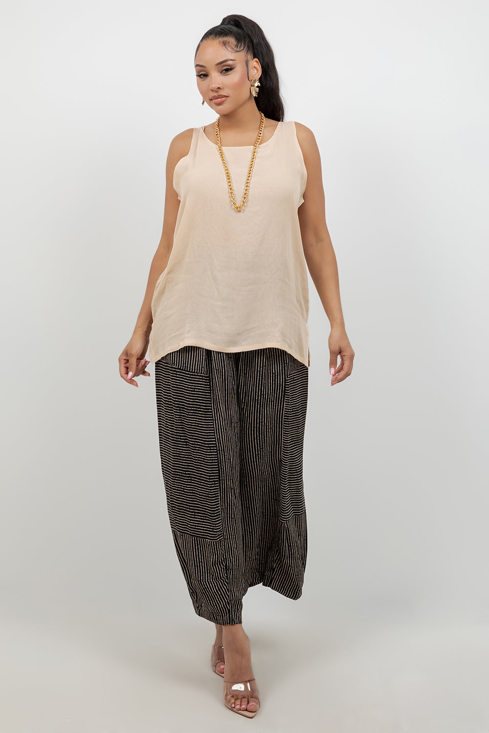 034- Sterling Styles Black and Beige Stripe Boho Pant