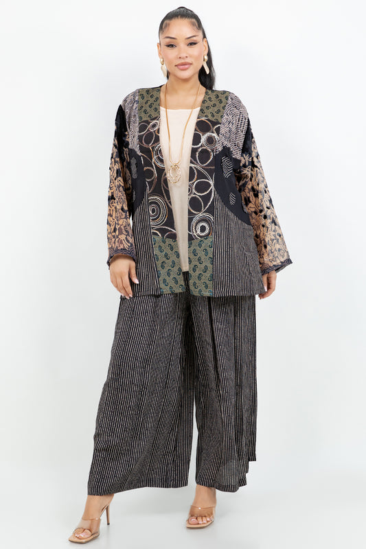 034- Sterling Styles Black and Beige Vintage Patchwork Kimono