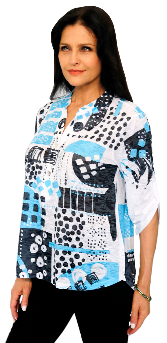 071- Impulse Black and Blue Abstract 3 Button Top