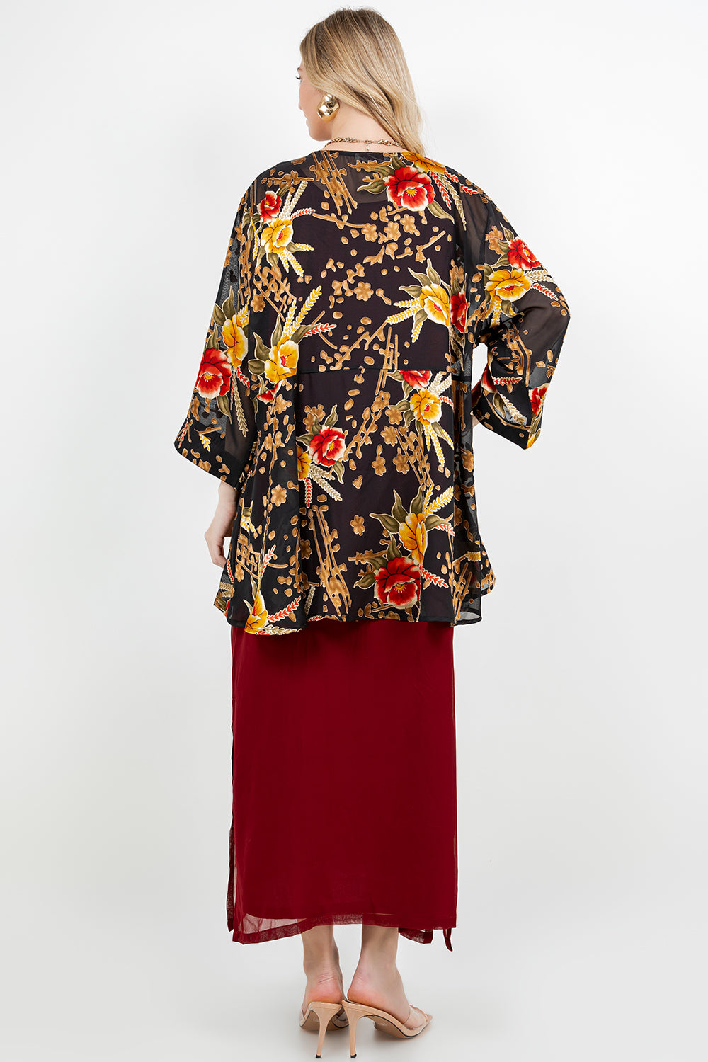 034- Sterling Styles Black and Rose Floral Kimono