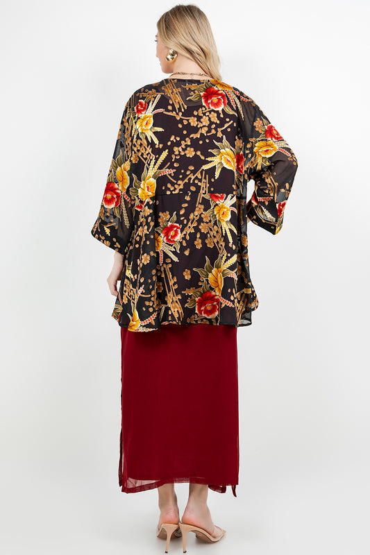 034- Sterling Styles Black and Rose Floral Kimono