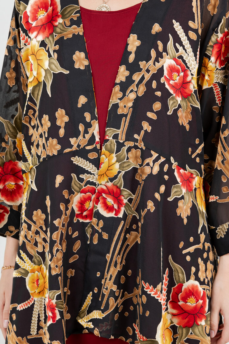 034- Sterling Styles Black and Rose Floral Kimono