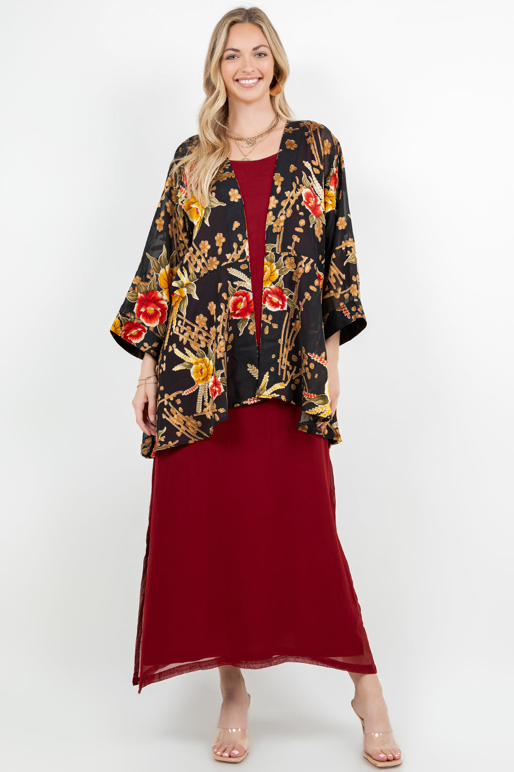 034- Sterling Styles Black and Rose Floral Kimono