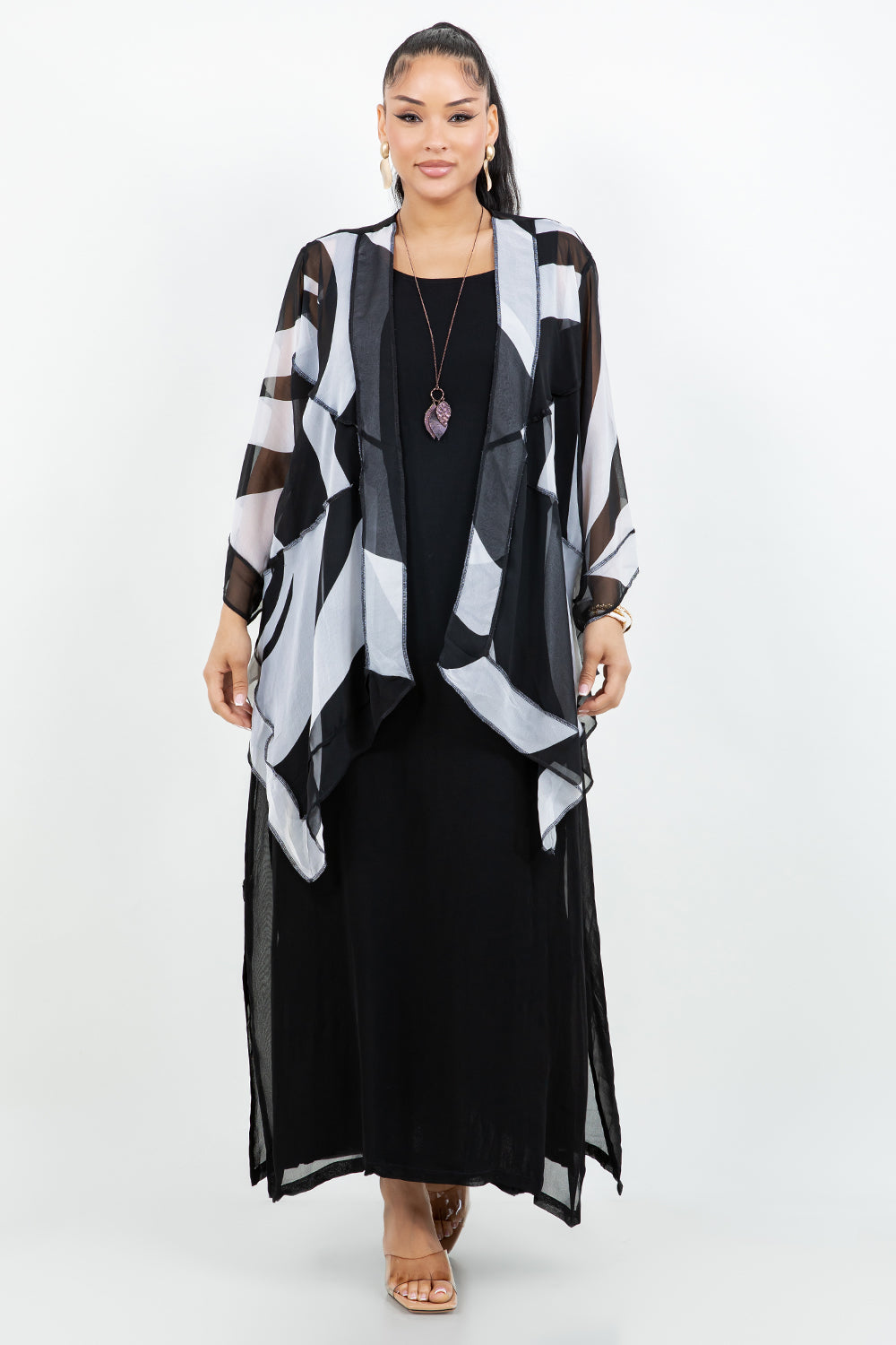 034- Sterling Styles Black and White Sheer Kimono