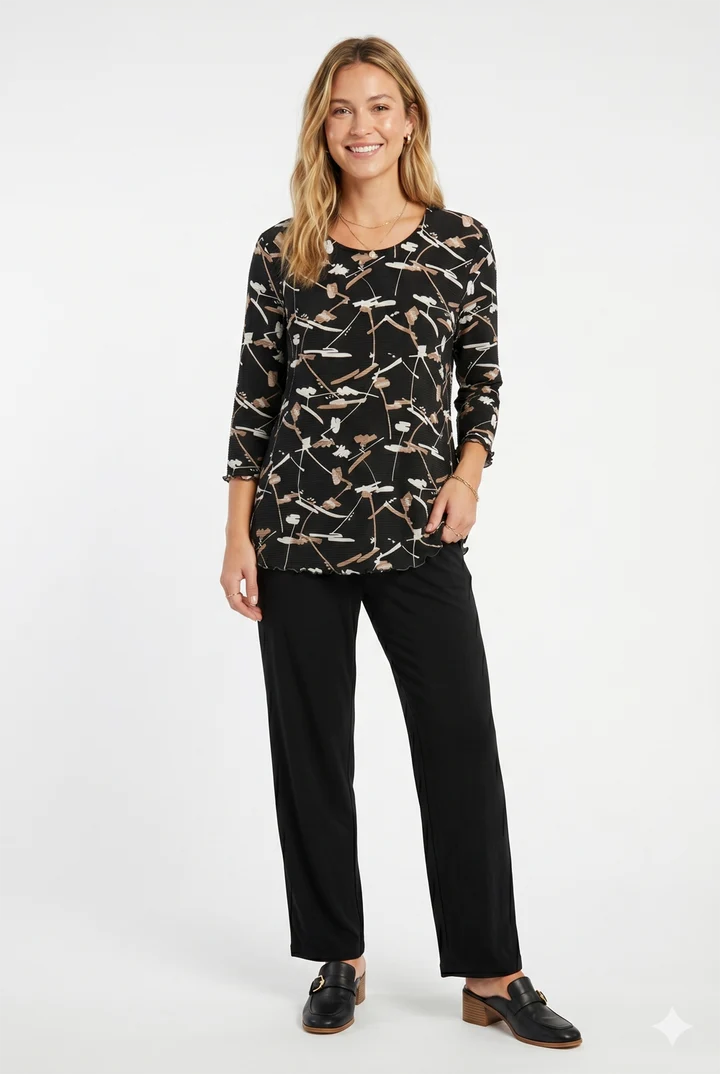 000- Atu Black with Taupe and White Print 3/4 Sleeve Top