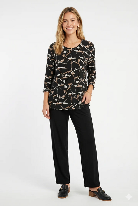 000- Atu Black with Taupe and White Print 3/4 Sleeve Top