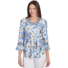 036- Ruby road Blue and Yellow Puff Print Top