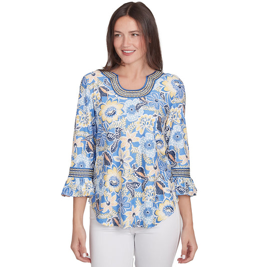 036- Ruby road Blue and Yellow Puff Print Top