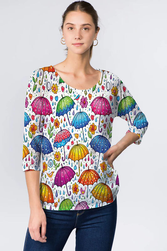 025- ET Lois Multi Color Floral Umbrellas Knit 3/4 Sleeve Top
