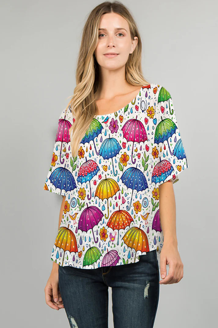025- ET Lois Multi Color Floral Umbrellas Short Sleeve Knit Top