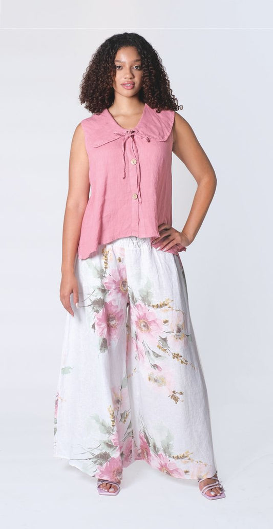 063- Bella Amore Wide Leg Linen Flower Pant - Ivory