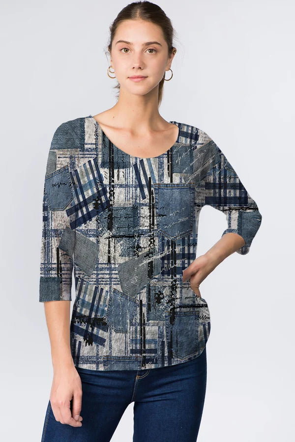025- ET Lois Blue with Grey 3/4 Sleeve Top