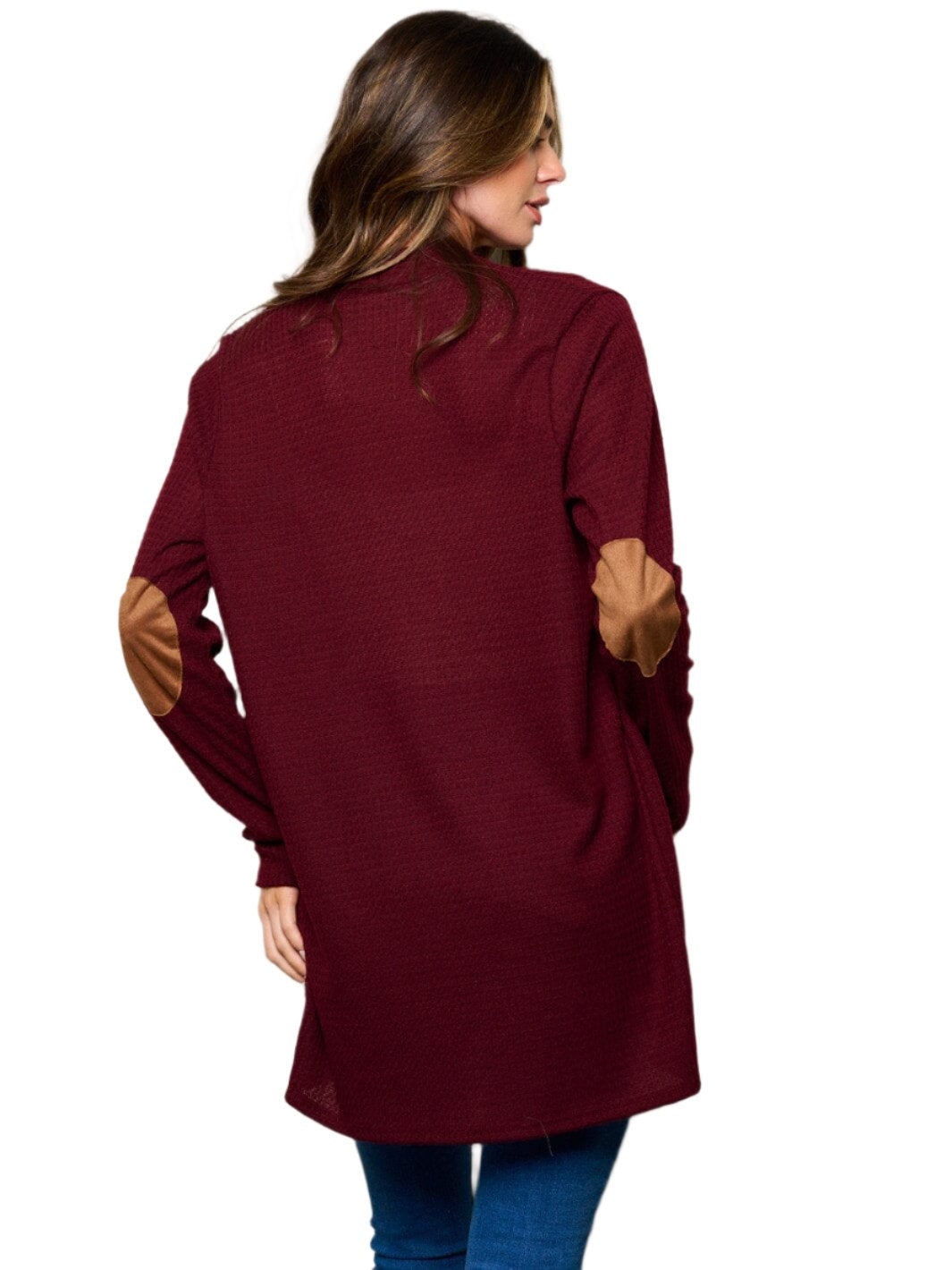 012- W Fashion Trends Elbow Patched Waffle Cardigan- Burgundy