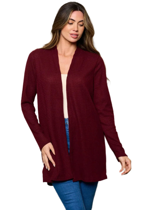 012- W Fashion Trends Elbow Patched Waffle Cardigan- Burgundy