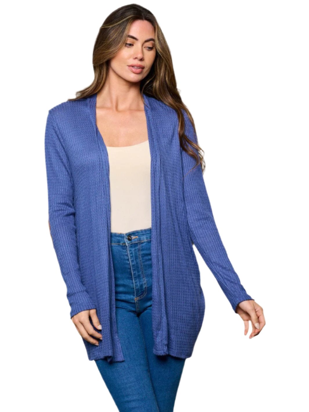 012- W Fashion Trends Elbow Patched Waffle Cardigan- Denim Blue