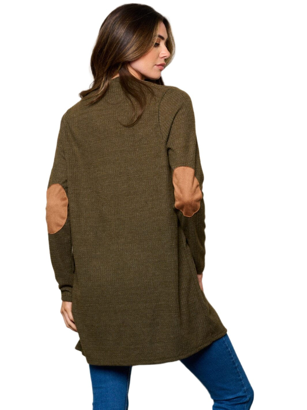 012- W Fashion Trends Elbow Patched Waffle Cardigan- Olive