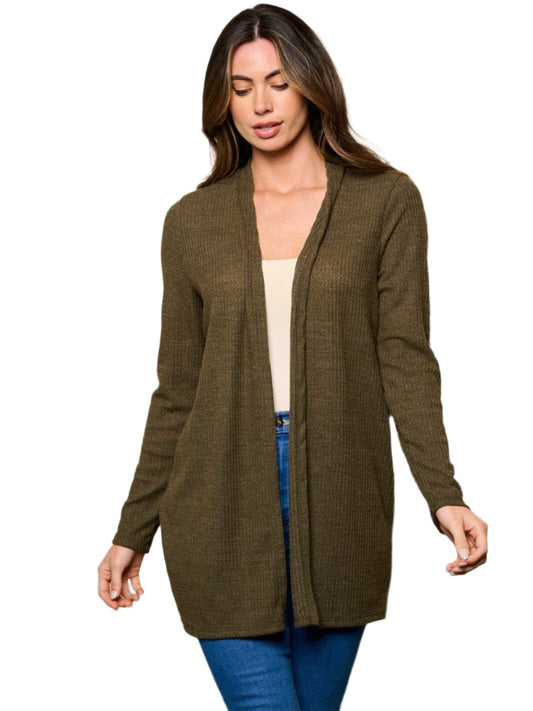 012- W Fashion Trends Elbow Patched Waffle Cardigan- Olive