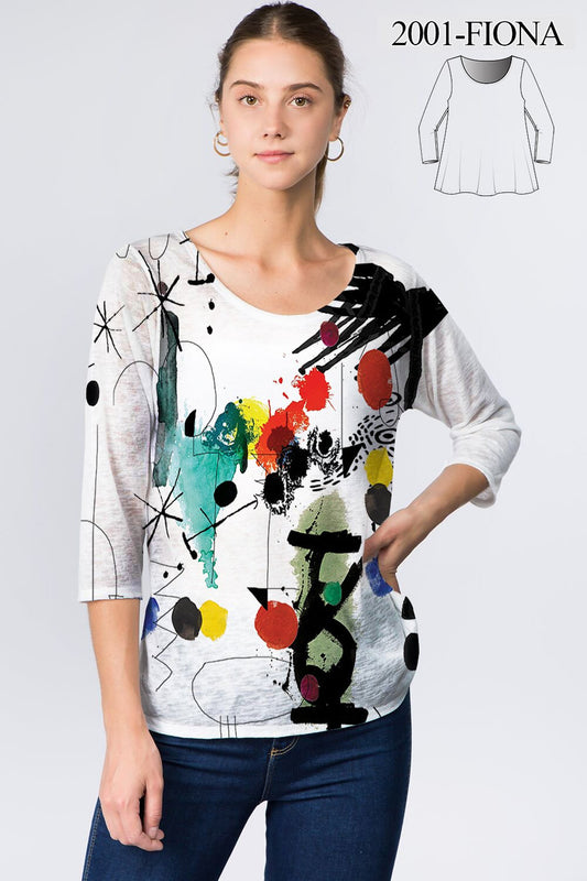 025- Et Lois Multi Color White and Abstract Knit 3/4 Sleeve Top
