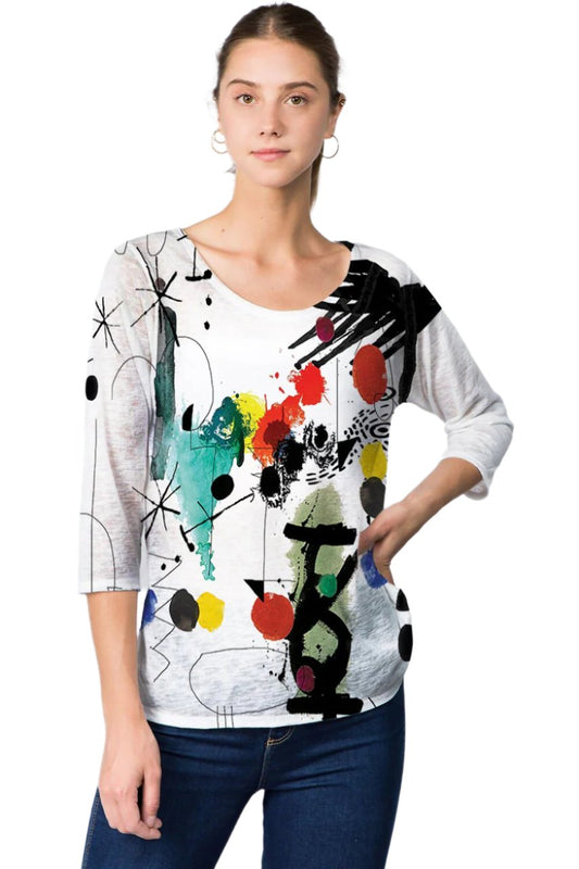 025- Et Lois Multi Color White and Abstract Knit 3/4 Sleeve Top