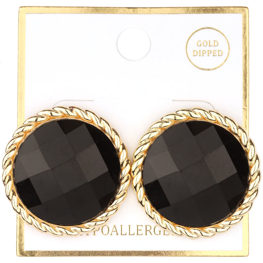 E-111  Black Faceted Button Earring