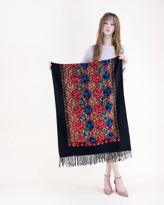 038- Very Moda Black Embroidered Fringe Scarf
